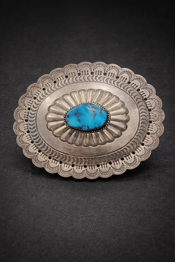 Vintage Sterling Silver Concho Belt Buckle – Turquoise Southwestern Design – Signed LJ with Custom Genuine Leather Belt