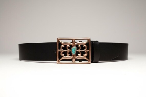 Kingman Turquoise Sterling Silver Belt Buckle, Southwestern Sand Cast Design, Optional Leather Belt