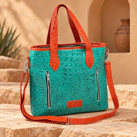 Turquoise Alligator Leather Tote Bag with Orange Trim, Adjustable Removable Strap, Zip Top Shoulder Handbag