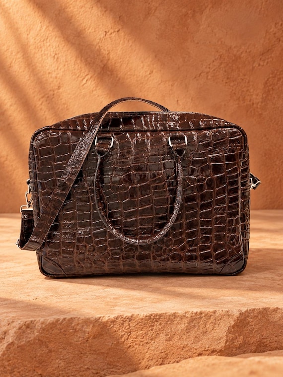 Premium Havana Brown Alligator Leather Laptop Bag, Leather Briefcase with Shoulder Strap, Travel Work Bag with Luggage Strap, Unisex