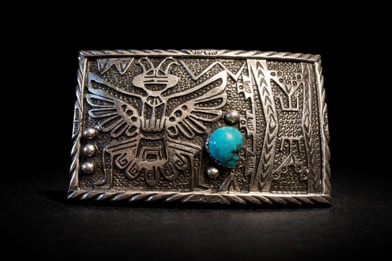 Vintage Sterling Silver Eagle Kachina Belt Buckle, Turquoise Overlay Hopi Artisan PB Hallmark w/ Premium Leather Belt