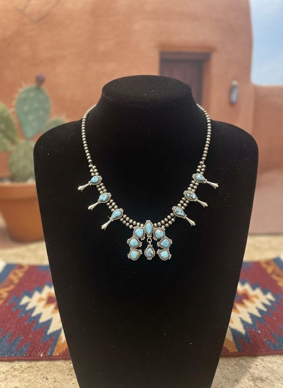 Southwestern Golden Hills Turquoise Squash Blossom Necklace | Sterling Silver Beaded Necklace | Statement Turquoise Pendant | Western Gift
