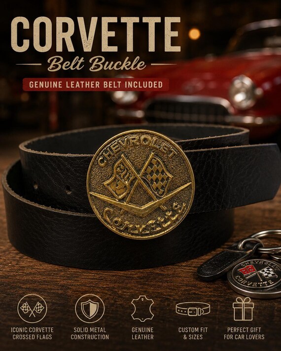 Vintage Classic Chevrolet Corvette Belt Buckle with Genuine Leather Belt – Retro Chevy Cross Flags Buckle – Classic Car Gift for Men