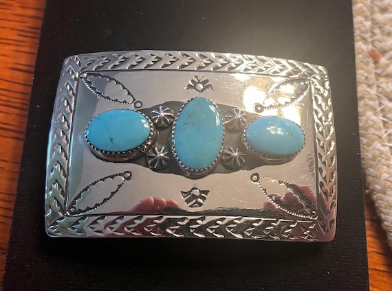 Genuine Navajo Nickel Silver Turquoise Concho Belt Buckle w/ Custom Genuine Leather Belt