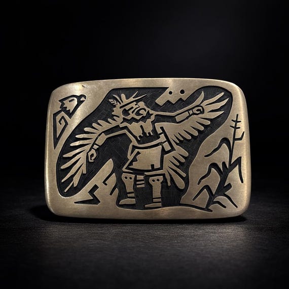 Vintage Hopi Belt Buckle, Kachina Inlay Sterling Silver, w/ Premium Leather Belt