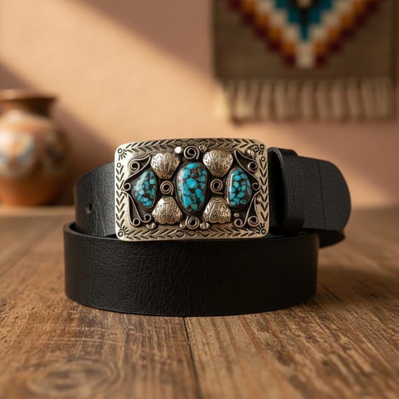 Southwestern Turquoise Belt Buckle with Leather Belt | Handmade Nickel Buckle | Genuine Turquoise Western Belt | Boho Cowgirl Statement Belt