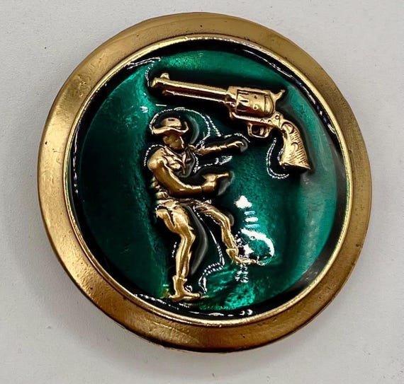 Belt Buckle Enameled Brass Pistol with Custom Leather Belt