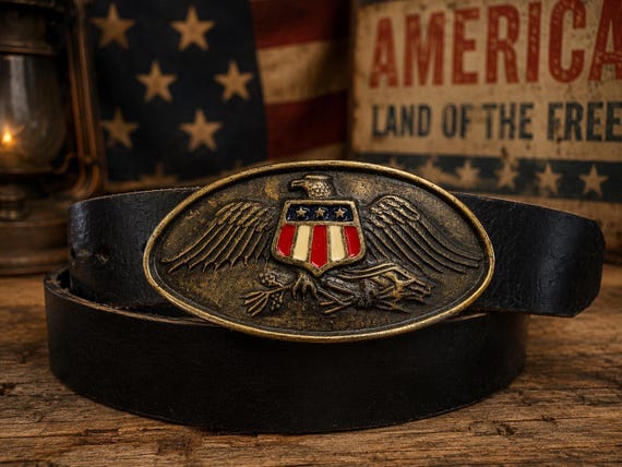 Vintage Patriotic Eagle Belt Buckle with Bonfe Leather Belt – Americana Brass Tone Eagle & Shield Western Belt – USA Vintage Style Gift