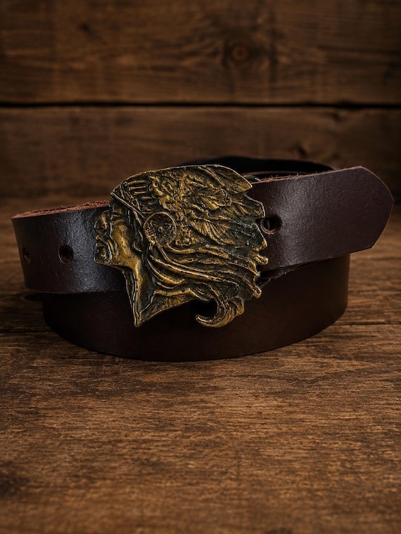 Vintage Solid Brass Native American Chief Belt Buckle with Genuine Leather Belt | Western Heritage Buckle | Handmade Leather Belt | Unisex