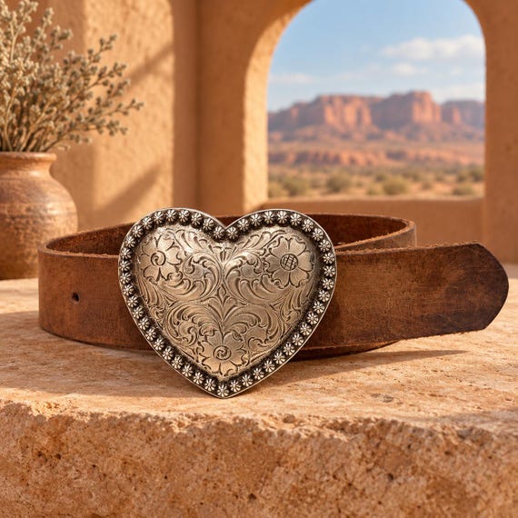 Silver Tone Heart Buckle with English Bridle Leather Belt, Boho Cowgirl Belt, Handmade Custom Leather Belt, Women’s Gift