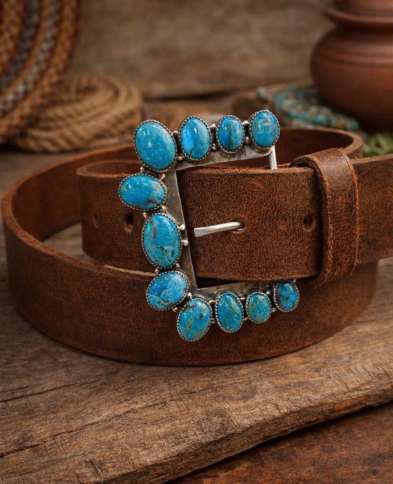 Sterling Silver Turquoise Southwestern Belt Buckle Set,w/ Premium Leather Belt