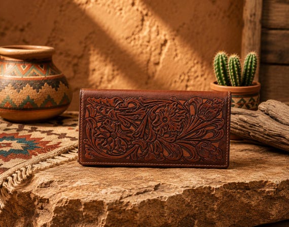 Women Carved Leather Wallet- Compact (Tan & Turquoise or Brown)