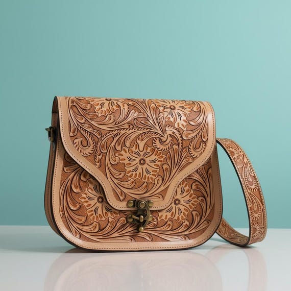 Ladies Southwesten tan crossbody purse - fine handcarved leather