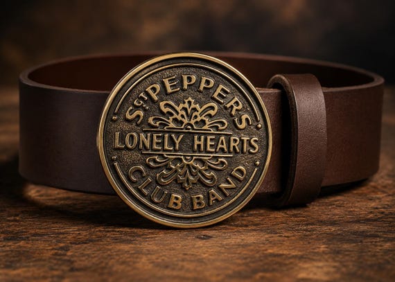 Vintage Sgt. Pepper’s Lonely Hearts Club Band Belt Buckle with Handmade Leather Belt – Beatles Rock & Roll Buckle