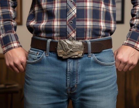 Vintage Belt Buckle YELLOWSTONE American Eagle, Solid Brass, Optional Belt