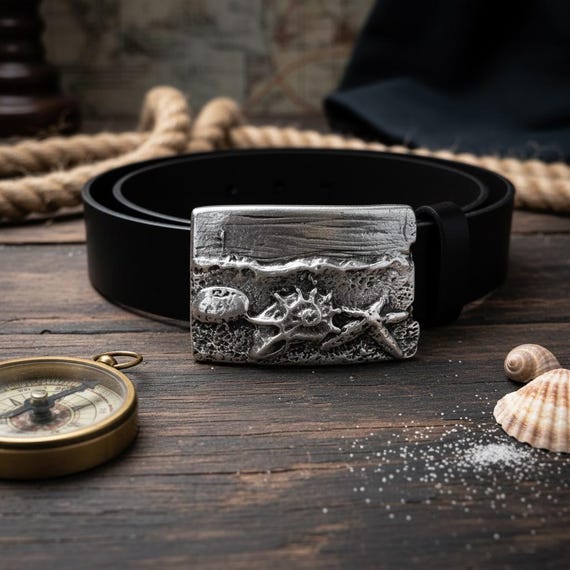 Nautical Starfish and Shells Belt Buckle – Custom Leather Belt - Women