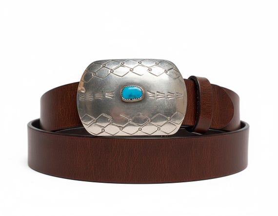 Southwestern Turquoise Nickel Silver Belt Buckle with Handmade Leather Belt