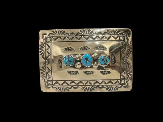 Vintage Turquoise Belt – Nickel Silver Southwestern Hand Stamped Buckle – 3 Stone Western Buckle, Custom Genuine Leather Belt