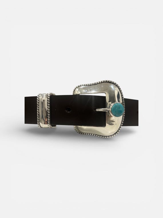 White Brass and Turquoise Southwestern Belt Buckle – Handmade Leather Western Cowgirl Belt