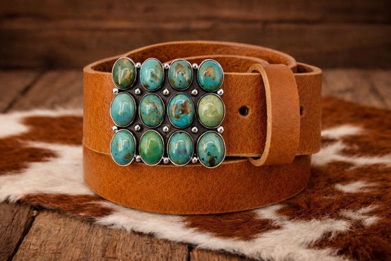 Southwestern Turquoise Belt Buckle with Custom Leather Belt – Sterling Silver Turquoise Buckle – Western Women’s Belt – Cowgirl Belt