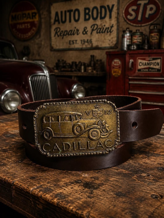 Vintage Cadillac V12 Belt Buckle with Handmade Genuine Leather Belt | Classic Cadillac Collectible | Antique Bronze Finish | Custom Size