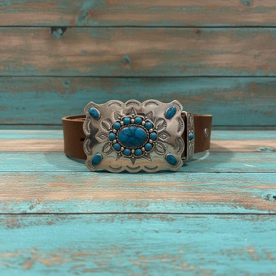 Southwestern Turquoise Belt Buckle with Genuine Leather Belt