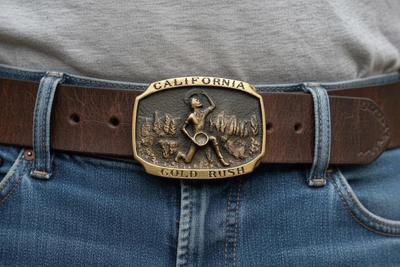 Vintage Belt Buckle, California Gold Rush, Solid Brass, Optional Belt