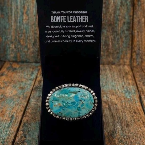 Genuine Kingman Turquoise Brooch – White Brass Western Scarf Pin