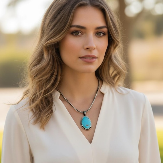 Southwestern Jewelry - Oval Pendant Necklace | Sterling Silver | Kingman Turquoise, 1In X 1.25In