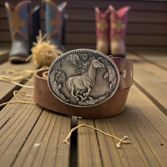Handmade Southwestern Horse Belt, Floral Cowgirl Leather Belt, Rodeo Style