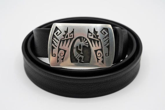 Vintage Hopi Belt Buckle, Kokopelli Dancers Sterling Silver,w/ Premium Leather Belt