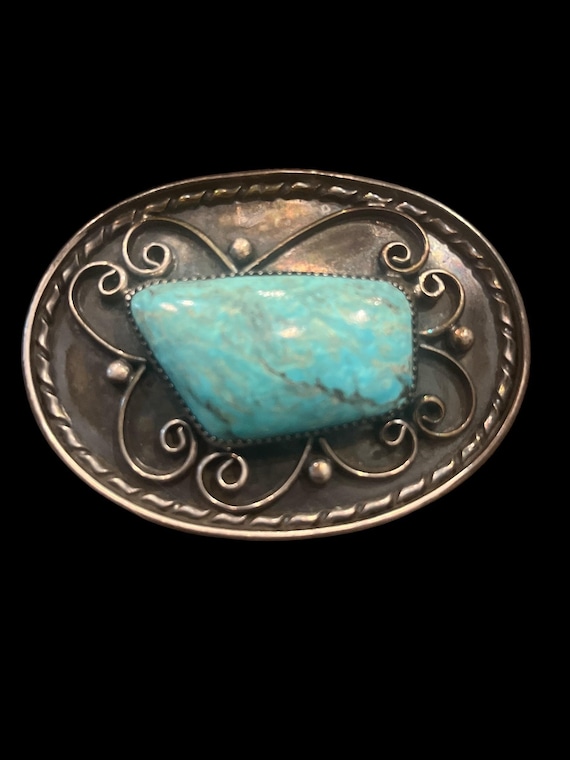 Vintage Sterling Silver Turquoise Belt Buckle – Signed CC – Handmade – Large Natural Turquoise Stone – Optional Custom Genuine Leather Belt