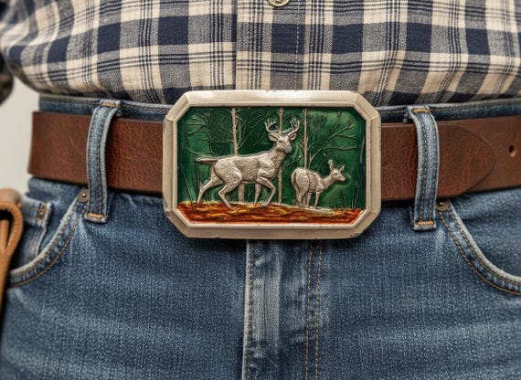 Vintage Walking Elk Belt Buckle, Siskayou, Optional Leather Belt
