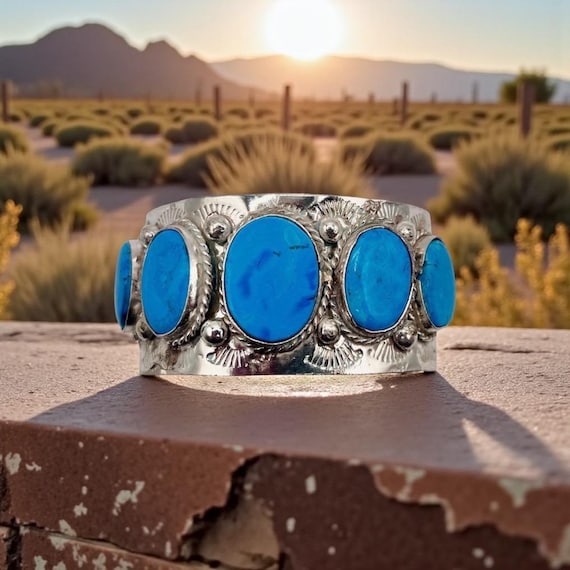 Southwest Sterling Cuff Bracelet, Morenci Turquoise 5 Stone (Stackable)