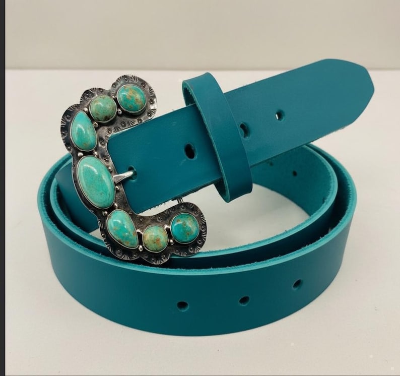Southwestern Sterling Ranger B Turquoise Belt Buckle – Handmade Cowgirl Western Leather Belt image 4