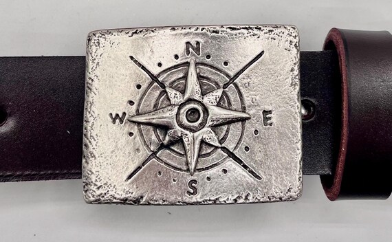 Compass Rose Belt Buckle: Pewter with Tan, Brown, or Black Leather