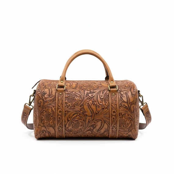 Southwestern Hand-Carved Leather Duffel Bag: Tan or Turquoise