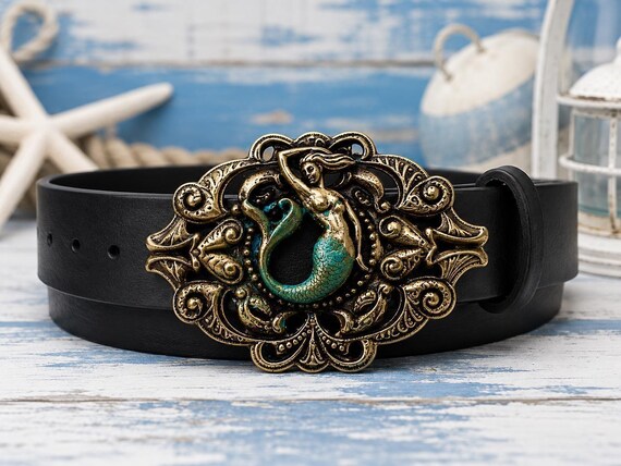 Mermaid Belt Buckle with Custom Genuine Leather Belt | Nautical Coastal Accessory for Beach Lover | Gift for Him or Her