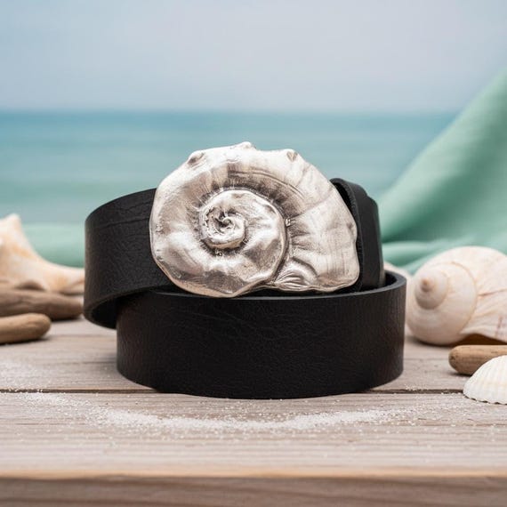 Nautical Belt Buckle, Nautilus Spiral Seashell | Custom Genuine Leather Belt | Nautical Gift Coastal Ocean Lover