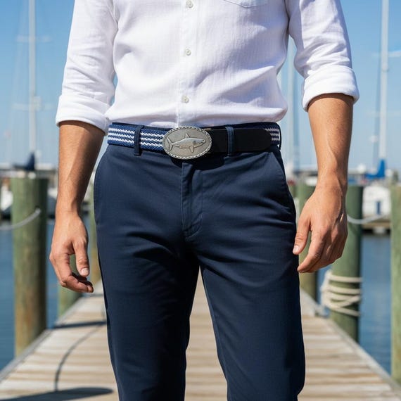 Shark Belt Buckle with Custom Genuine Leather Belt | Nautical Coastal Accessory for Shark Lover | Gift for Him or Her