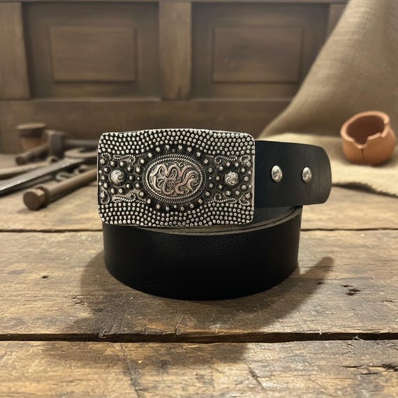 Southwestern Elegant Belt Buckle, Custom Genuine Leather Cowhide Belt, Multiple Colors - Handmade