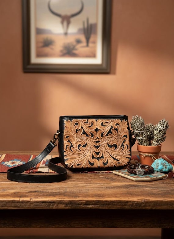 Hand Tooled Leather Crossbody Purse, Black and Tan| Genuine Leather Floral Tooled Handbag | Western Boho Shoulder Bag