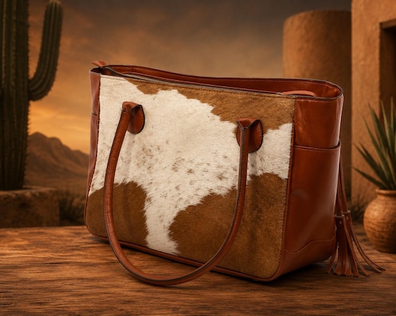 Genuine Cowhide Leather Tote Bag for Women | Western Boho Hair-On-Hide Handbag | Large Zip Tote Purse | Everyday Shoulder Bag