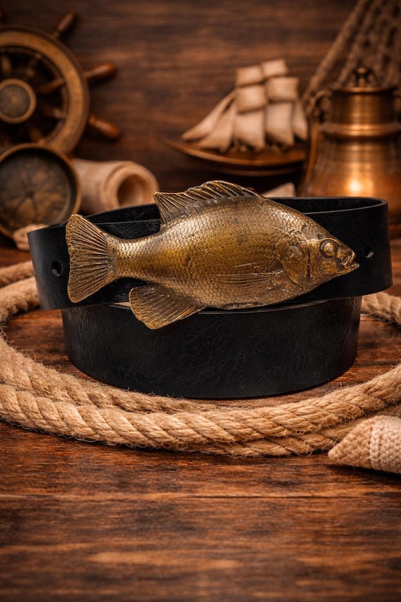 Vintage Fish Belt Buckle, Solid Brass | Custom Genuine Leather Belt | Nautical Fisherman Gift | Gift for Him