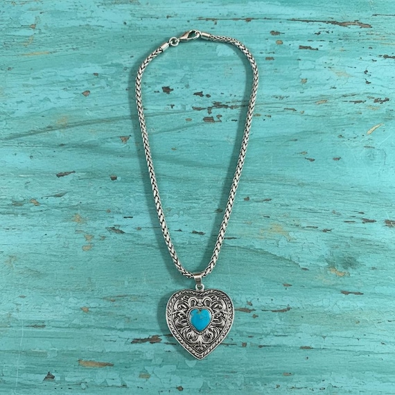 White Brass Heart Pendant with Turquoise with 18" Necklace