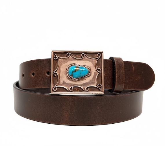 Vintage Southwestern Turquoise Sterling Silver Belt Buckle, Optional Leather Belt