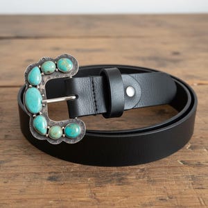 Southwestern Sterling Ranger B Turquoise Belt Buckle – Handmade Cowgirl Western Leather Belt image 3