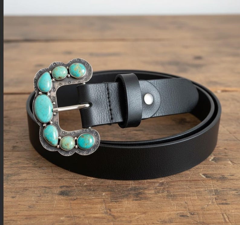 Southwestern Sterling Ranger B Turquoise Belt Buckle – Handmade Cowgirl Western Leather Belt image 3