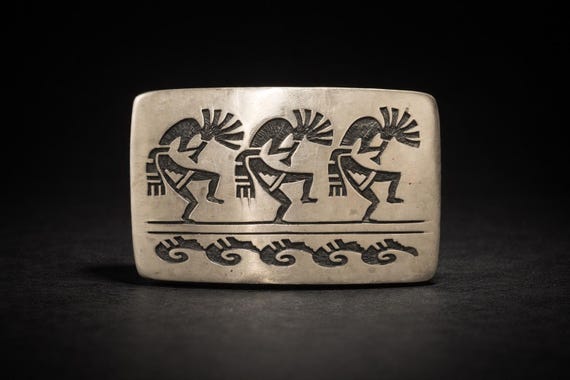 Vintage Southwestern Belt Buckle, Kokopelli Dancers Sterling Silver, with Custom Genuine Leather Belt