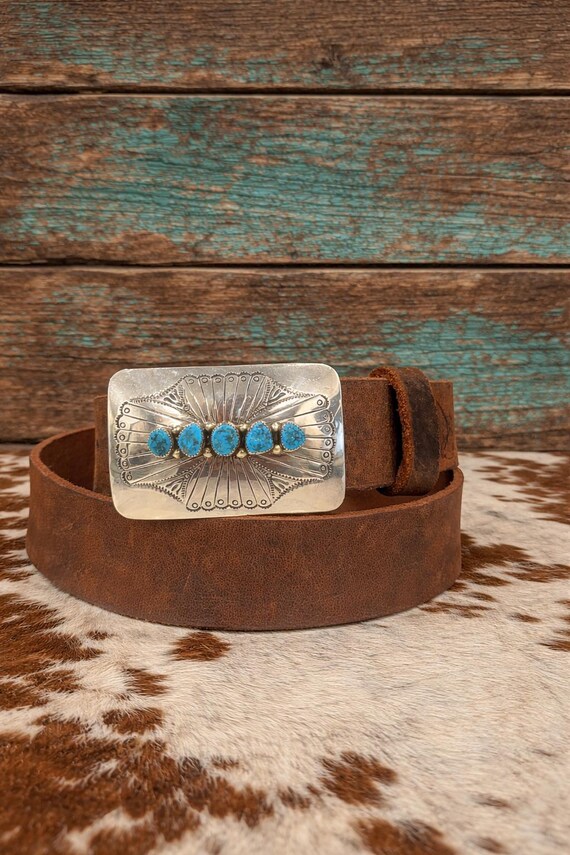Vintage NOS Southwestern Turquoise Sterling Silver Belt Buckle, Optional Leather Belt